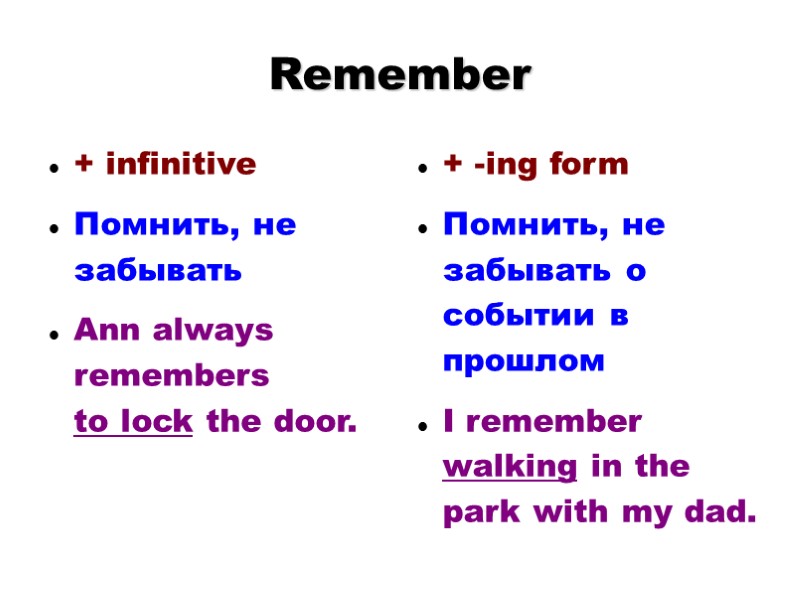 Remember + infinitive Помнить, не забывать Ann always remembers  to lock the door.